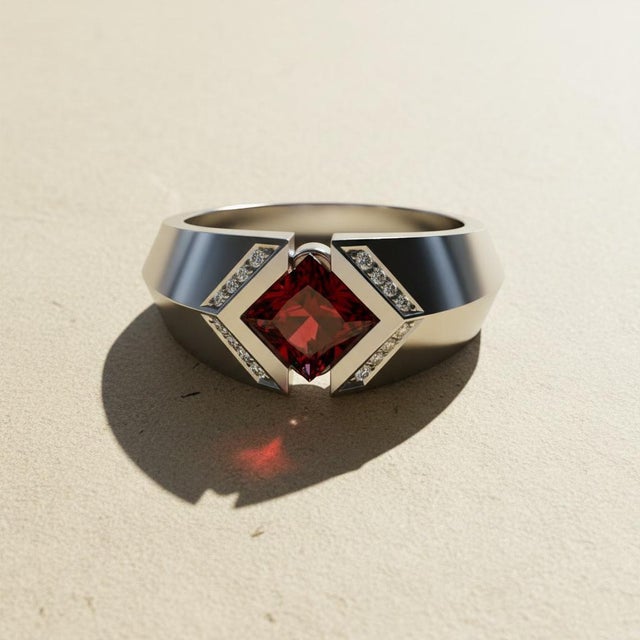 Modern Square-Cut Garnet Architectural Silver Cocktail Ring, Size 7.5 For Sale - Image 3 of 5