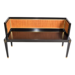 Black Lacquered Wood, Brass & Cane Seating Bench Mid-Century Modern Asian Style For Sale