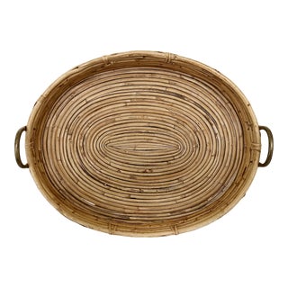 Vintage Oval Bamboo & Brass Tray in the Style of Gabriella Crespi, Italy 1960s For Sale