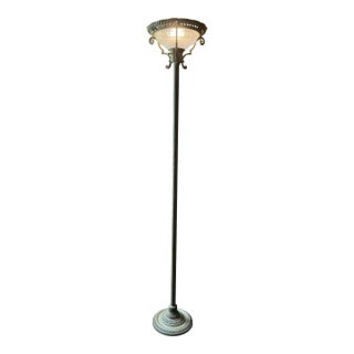 1990s Traditional Bronze Torchiere Floor Lamp With Etched Frosted Glass Shade & 3-Way Switch For Sale
