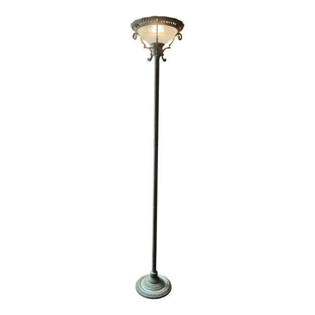 1990s Traditional Bronze Torchiere Floor Lamp With Etched Frosted Glass Shade & 3-Way Switch For Sale