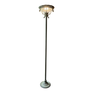 1990s Traditional Bronze Torchiere Floor Lamp With Etched Frosted Glass Shade & 3-Way Switch