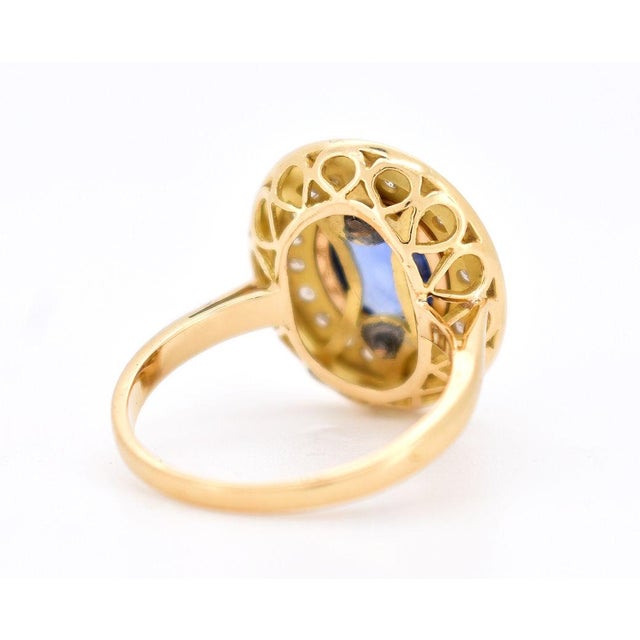 1960s Halo Ring in Gold, Ceylon Sapphire, Diamonds, and Enamel, Size 7.5 For Sale - Image 6 of 9
