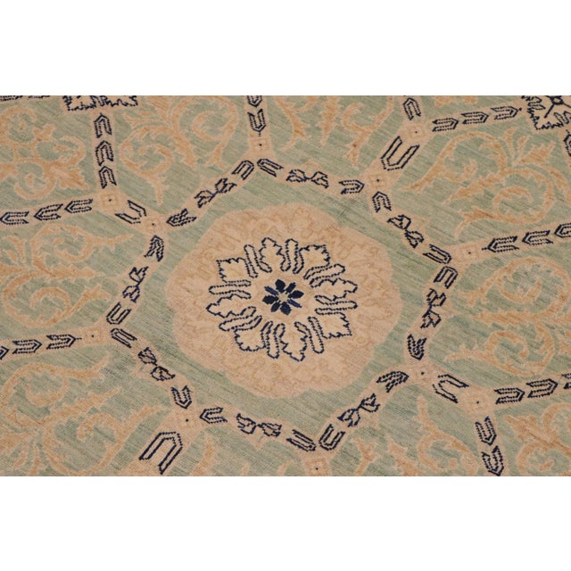 Shabby Chic Ziegler Green Tan Hand-Knotted Wool Rug - 8'10'' X 11'10'' For Sale - Image 4 of 8