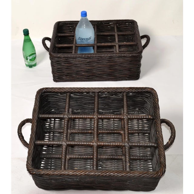 Brown Pair of Boho Chic Wicker Twig Cane 12-Bottles Wine Basket Tray Barware Walnut Finish For Sale - Image 8 of 12