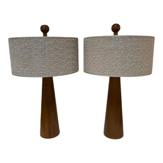 1970s Mid-Century Modern Wood Table Lamps With Textured Drum Shades - a Pair For Sale