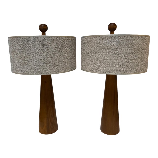 1970s Mid-Century Modern Wood Table Lamps With Textured Drum Shades - a Pair For Sale