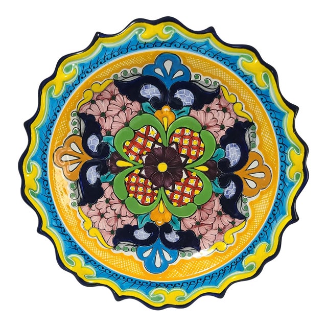 Vintage Colorful Talavera Hand Painted Art Wall Hanging Plate For Sale