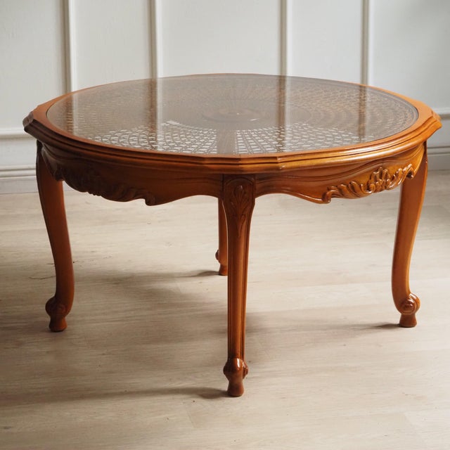 Louis Philippe Round Coffee Table with Wickerwork and Glass Top For Sale - Image 3 of 10