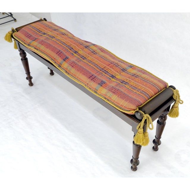 Hollywood Regency Fine Turned Solid Mahogany Base Tassels Decorated Upholstery 48" Long Bench MINT For Sale - Image 3 of 16