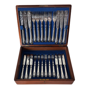 Late 19th Century Victorian English Wooden Box With a Complete Silver-Plated Flatware - 48 pcs
