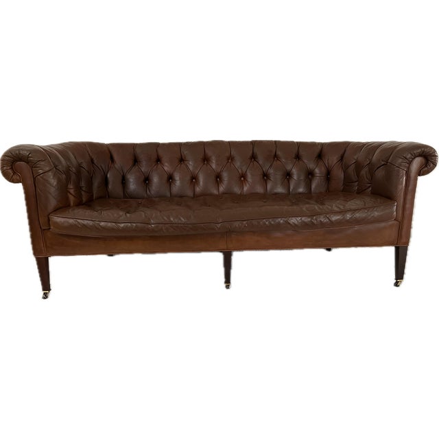 Vintage classic Chesterfield Baker Furniture full leather sofa in a soft pliable brown leather. Vintage look, worn patina...