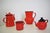 Immi and moneta 1950s orange and black enameled metal jugs and teapots set measurements are: d9 x h8 l18 x h13 x d10 d13 x...
