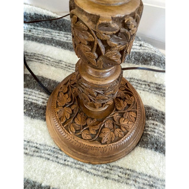 Indian Large Vintage Hand-Carved Kashmiri Wood Table Lamps — Chinar Leaf & Vine Motif - A Pair For Sale - Image 3 of 5