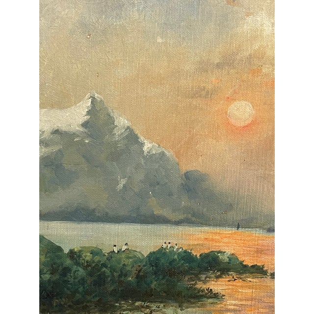 Vintage Framed Mountain Landscape Painting, Snow-Capped Peaks at Sunset, Mid-Century Scenic Wall Art. For Sale - Image 9 of 9