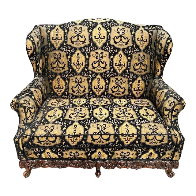 Italian Rococo Revival Style Settee or Sofa With Heraldic Motif in Black & Beige For Sale