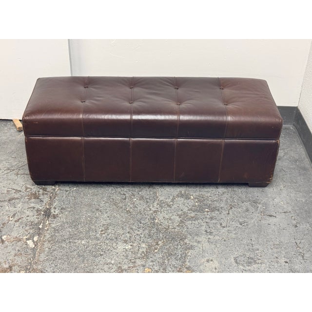 Restoration Hardware Tufted Leather Storage Ottoman For Sale - Image 9 of 12