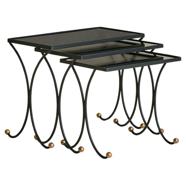 Trio of French Iron + Opaline Glass Nesting Tables in Manner Jean Royère, 1950s For Sale - Image 17 of 18