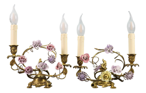 French Rococo Gilt Bronze and Porcelain Flowers Table Lamps, 1950s, Set of 2