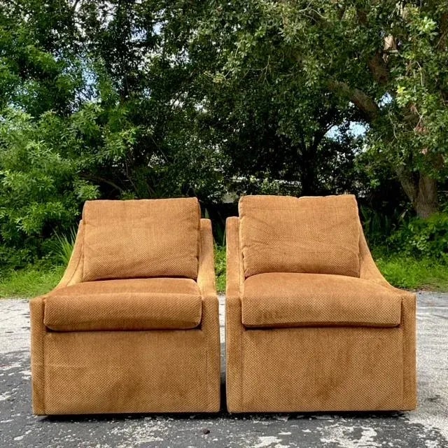 Wood Vintage Boho Century Slope Arm Swivel Chairs - a Pair For Sale - Image 7 of 8