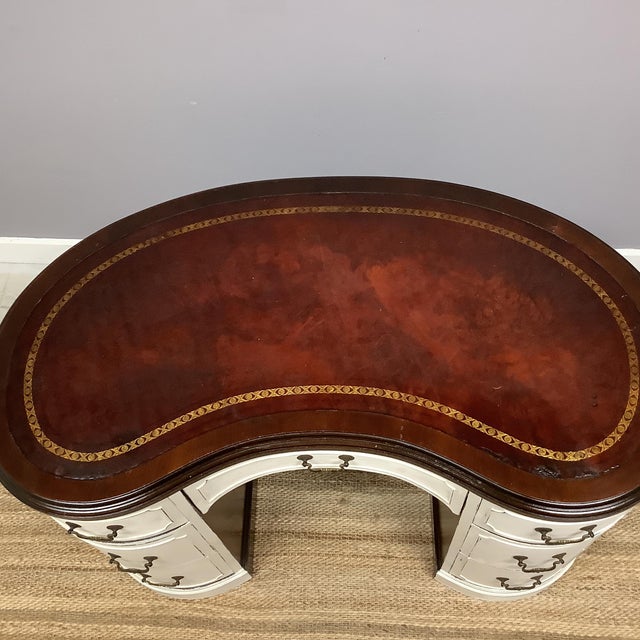 Vintage Kidney Shape Writing Desk 7 Drawers Open Book Shelf Front Painted White For Sale - Image 9 of 12