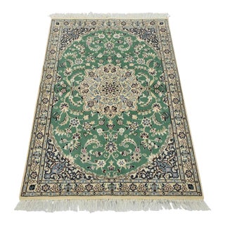 Fine Nain Rug 3’3” X 4’10” Green Wool/Silk Traditional Hand-Knotted Carpet For Sale