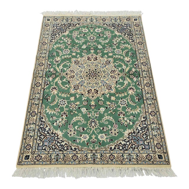 Fine Nain Rug 3’3” X 4’10” Green Wool/Silk Traditional Hand-Knotted Carpet For Sale