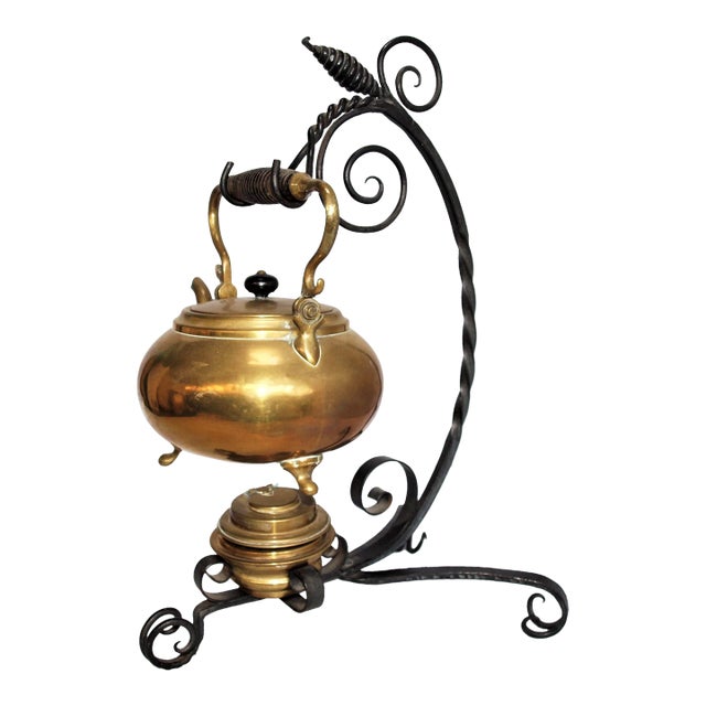Antique Art Nouveau Brass Tea Kettle and Burner on Iron Stand For Sale