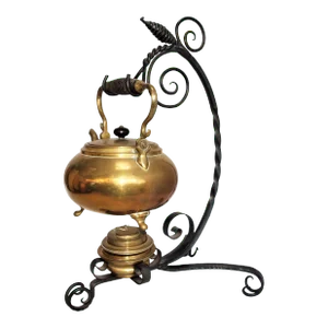 Antique Art Nouveau Brass Tea Kettle and Burner on Iron Stand