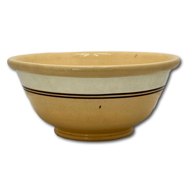 Nice Antique Large Thick & Heavy 13 Inch Brown & Cream Color Banded Yellow Ware Kitchen Mixing Bowl - Circa Late 1800s For Sale - Image 13 of 18