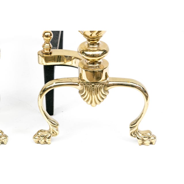 Traditional Vintage Georgian Style Polished Brass Andirons—A Pair For Sale - Image 3 of 5