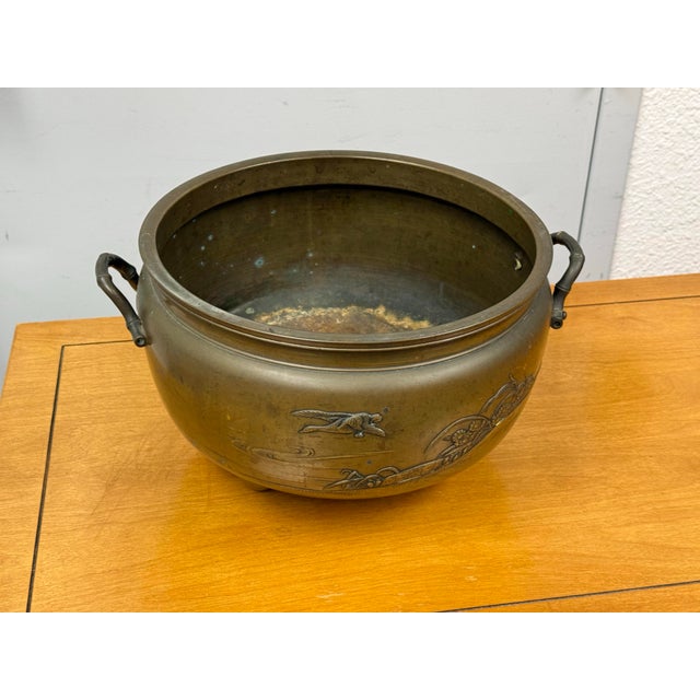 Asian Antique Antique Heavy Brass Cauldron With Oriental Ornamentation For Sale - Image 3 of 12