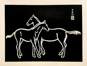 Mother and Colt" From 'Horses, White on Black' Wood Block Print