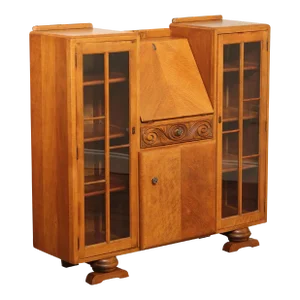 English Art Deco Carved Oak Secretary Bookcase