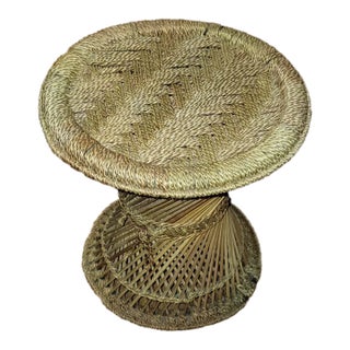 Vintage Rattan Wicker Bamboo Small Circular Side Table For Sale