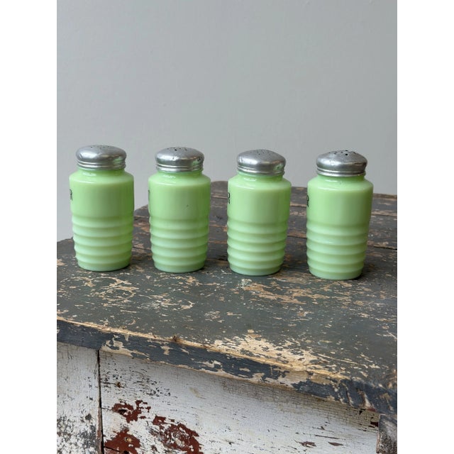 Vintage Jeanette Glass Jadeite Shakers, Set of Four, Circa 1950s For Sale - Image 9 of 14