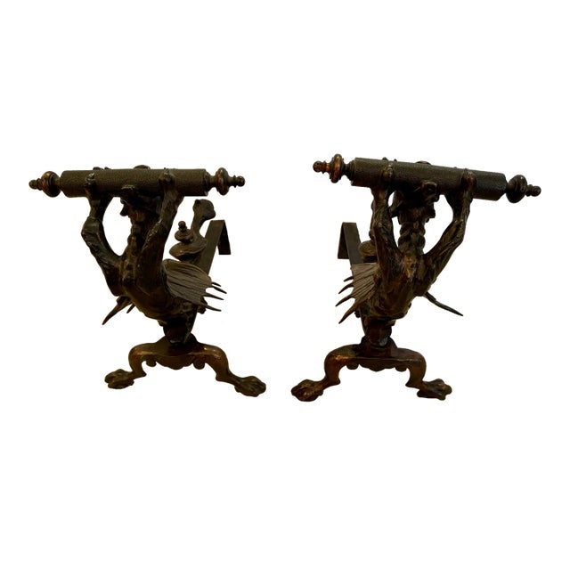 English Antique Iron Winged Dragon Andirons -A Pair For Sale