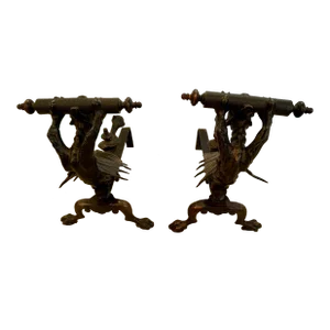 English Antique Iron Winged Dragon Andirons -A Pair