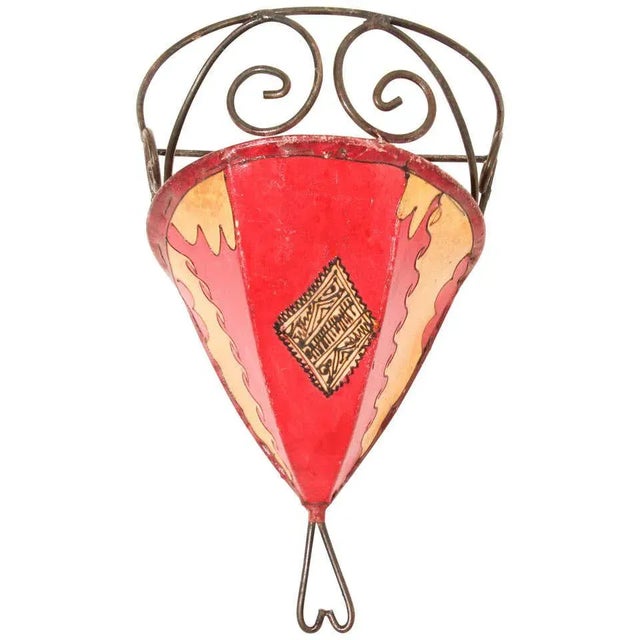 Vintage Moroccan Berber Painted-Hide Wall Sconce Shade, Iron Frame For Sale - Image 9 of 11