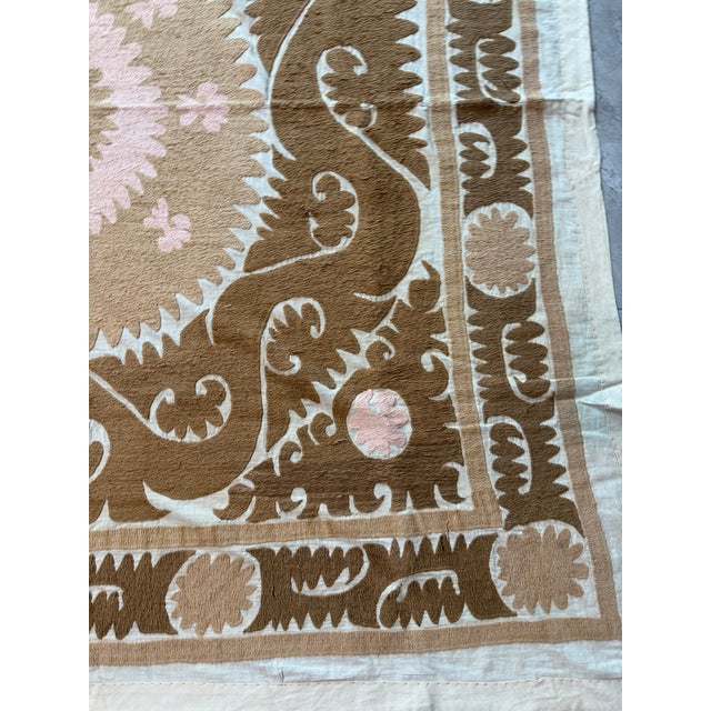 Mid-Century Modern Beige Brown Cotton Suzani Square With Pink Medallion For Sale - Image 3 of 10