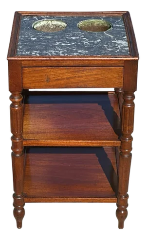 Antique French Mahogany Marble Top Wine Table With Blind Drawer & Copper Basins