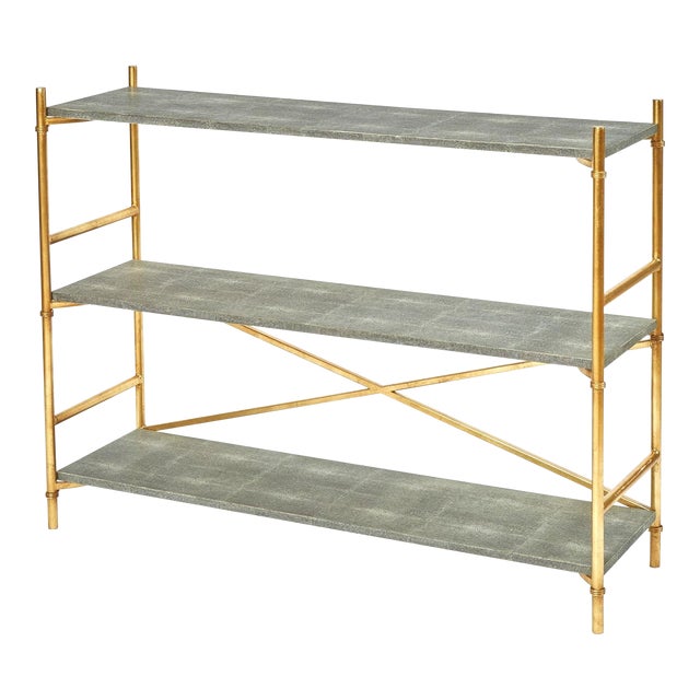 Pair of Faux Shagreen 3 Tier Gilt Metal Etageres For Sale