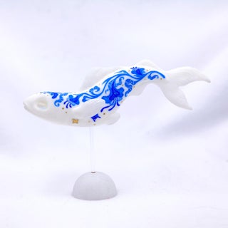 Delft Fish 6 by Nana Williams | Resin Cast, Acrylic Gouache Fish sculpture with blue design For Sale