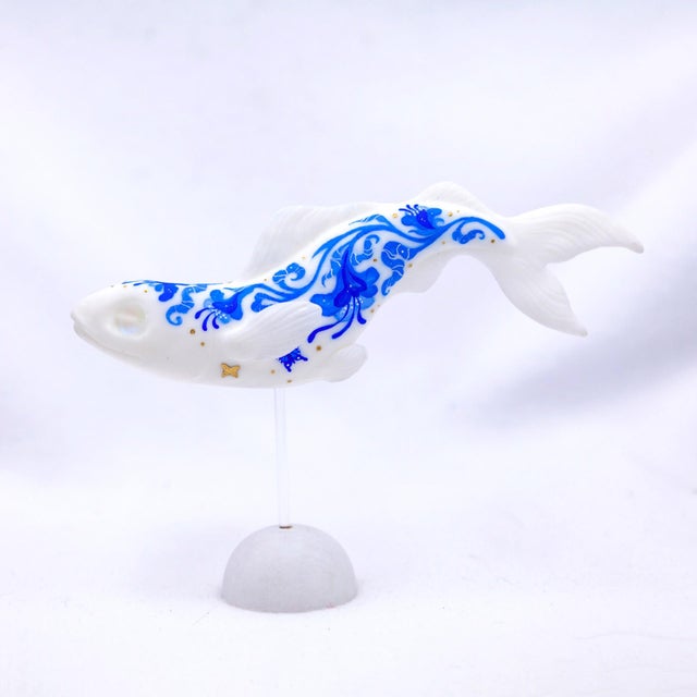 Delft Fish 6 by Nana Williams | Resin Cast, Acrylic Gouache Fish sculpture with blue design For Sale