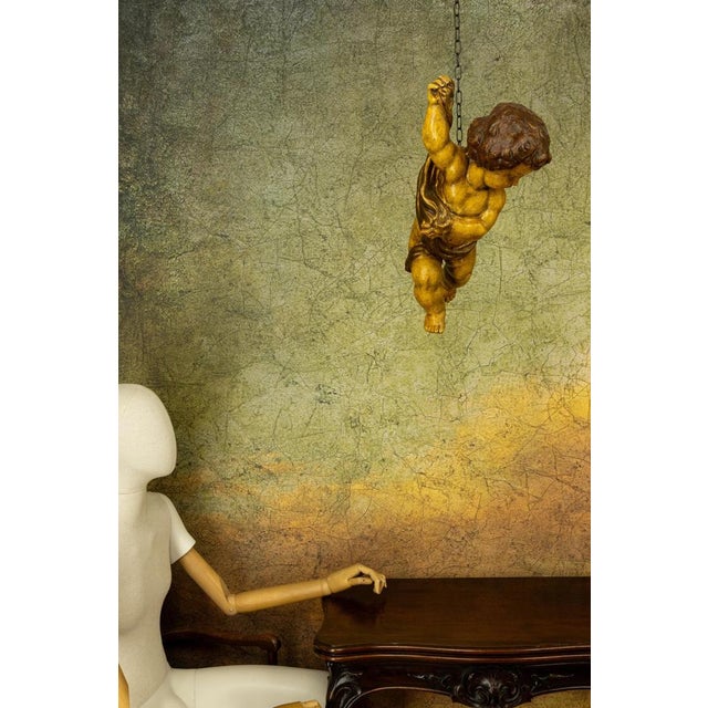 German Baroque Revival Style Polychromed Carved Wood Putto Figure For Sale - Image 9 of 18