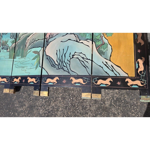 Signed Ten Horses Vintage Chinese Four Panel Screen Gold & Turquoise Shi Jun Tu For Sale - Image 13 of 15