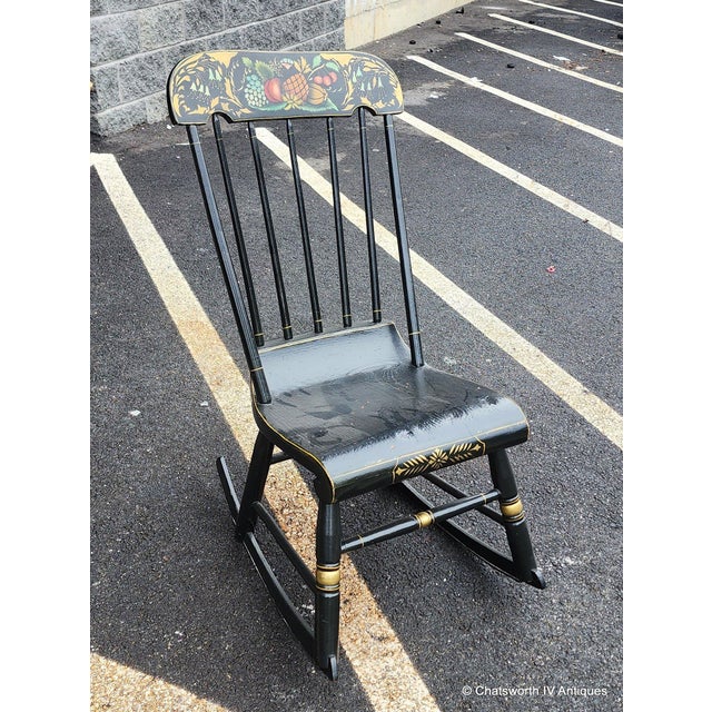 Antique Painted Black Stenciled Country Rocking Chair 1890s ~ Repainted in 1967 For Sale In New York - Image 6 of 11