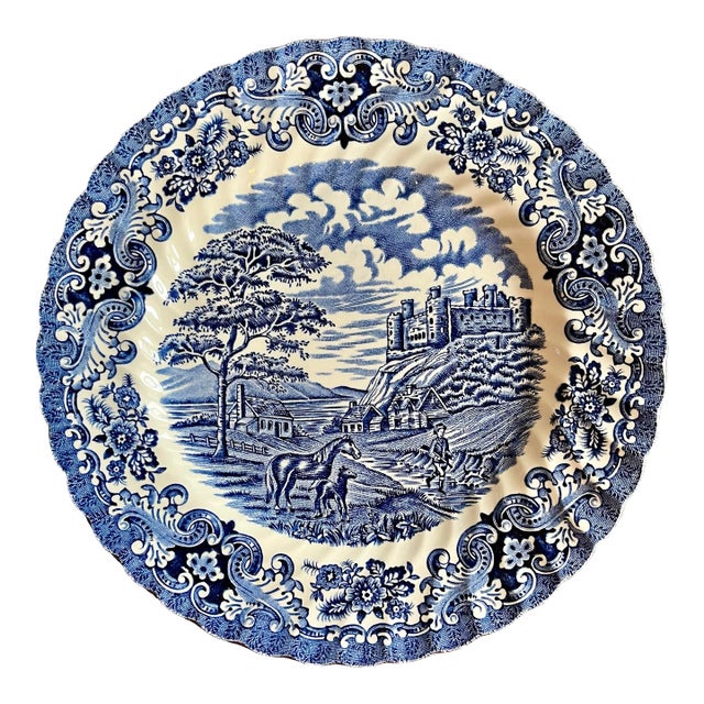 Antique Ironstone Hand Engraved Blue & White English Castle Plate For Sale