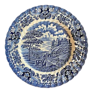 Antique Ironstone Hand Engraved Blue & White English Castle Plate