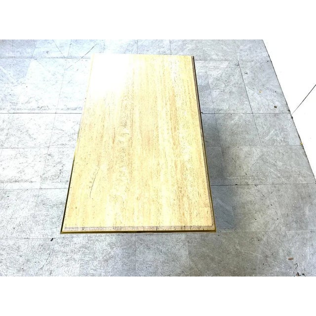 Rectangular travertine coffee table with a brass edge by Fedam Natural travertine stone colour blends in perfectly with...